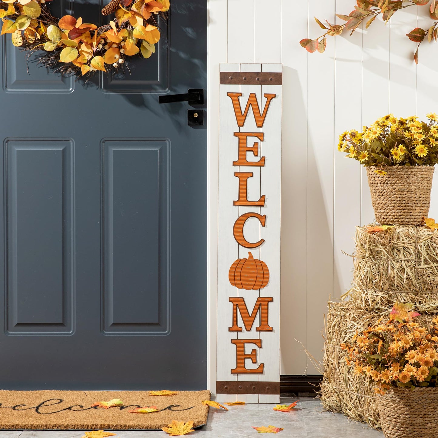 Glitzhome 42"H Fall Wooden Pumpkin Welcome Porch Sign for Fall Harvest Thanksgiving Autumn Indoor Outdoor Front Porch Decoration