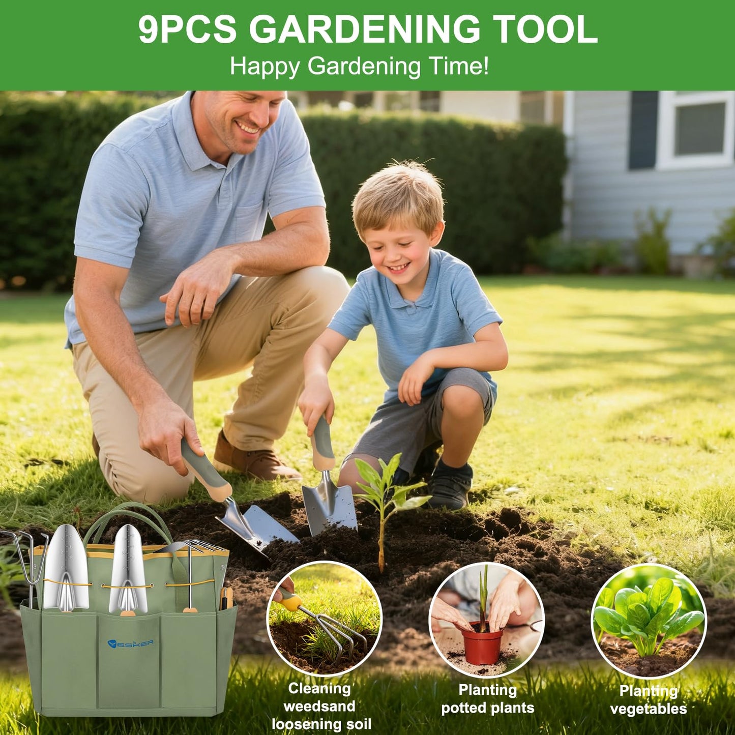Yesker Gardening Tools 9-Piece Heavy Duty Garden Tool Set Gardening Supplies Gifts for Women Men Gardening Hand Tool Kit w Non-Slip Ergonomic Rubber Handle, Durable Garden Bag, Pruning Shears, Green