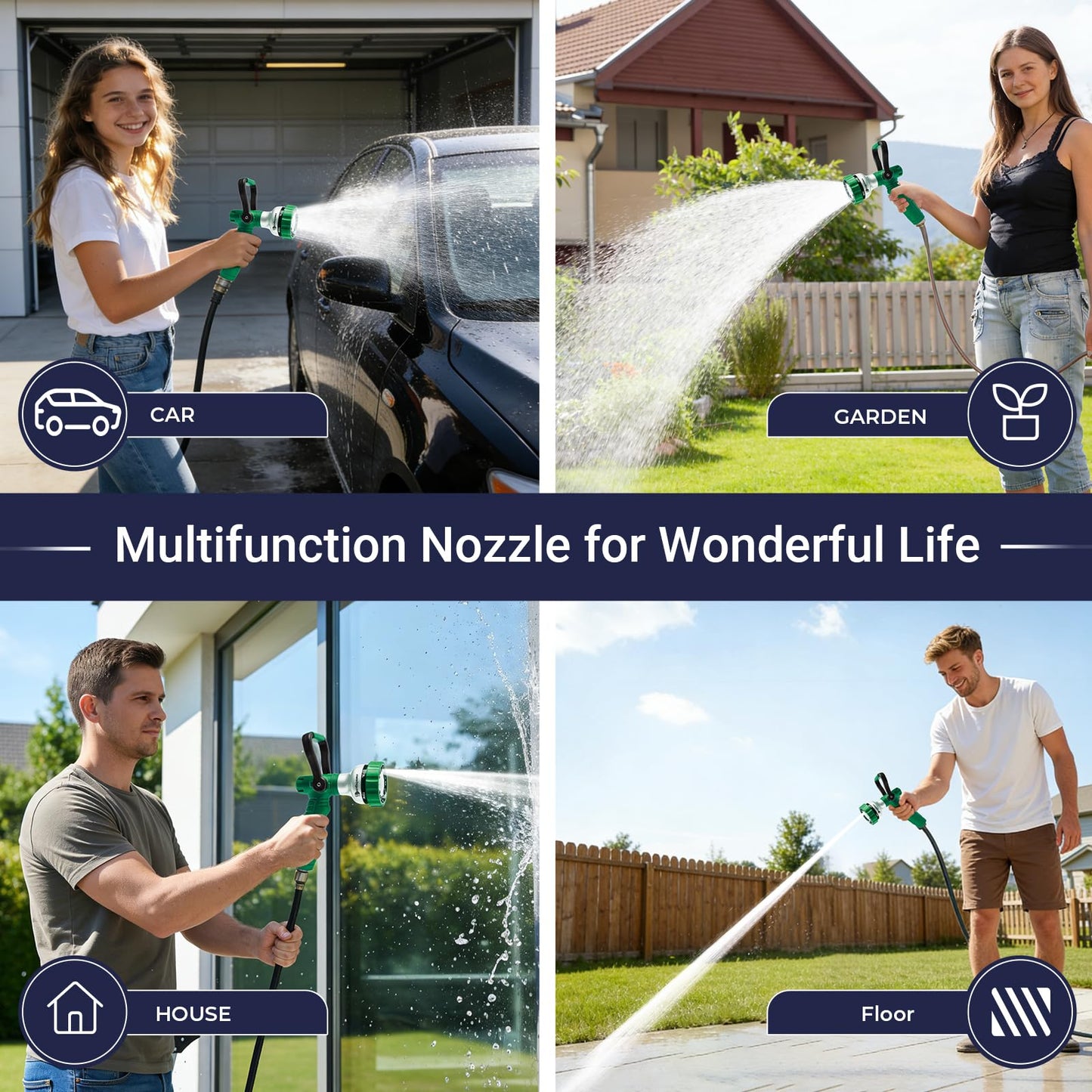 HugeDawn Garden Hose Nozzle, 6 Spray Patterns Heavy Duty Metal Water Nozzle with High Pressure for Watering, Cleaning, Washing (Green)