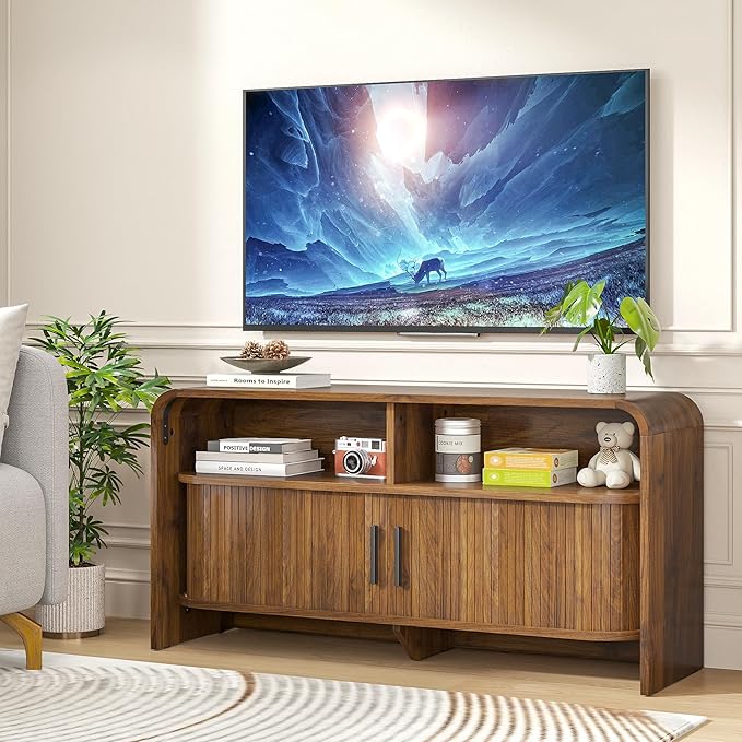 Small TV Stand for Bedroom, Low Fluted TV Console for 40 43 Inch, Mid Century