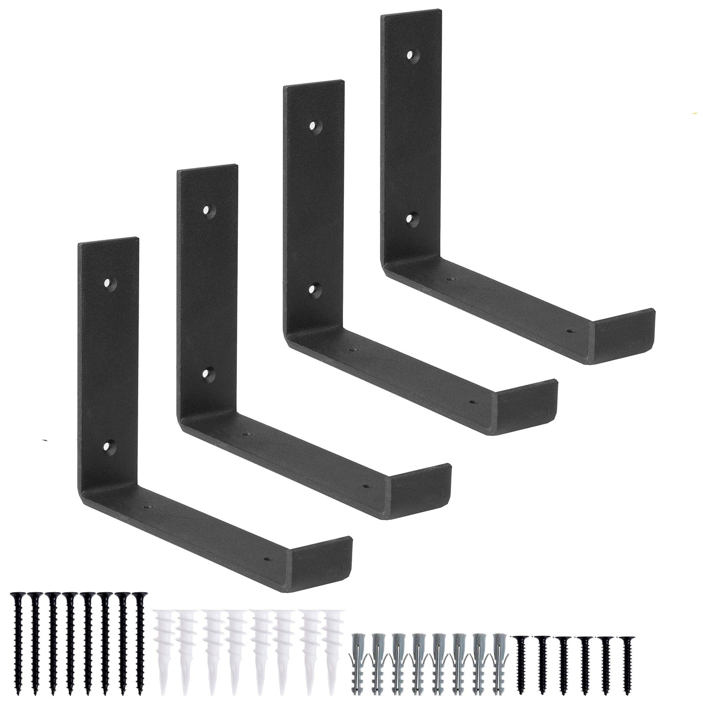 Ilyapa Heavy Duty Floating Shelf Brackets, 4 Pack, Rustic Iron - 6 x 7.25 Inch Black Metal Shelf Holders for Wall Mount Shelves