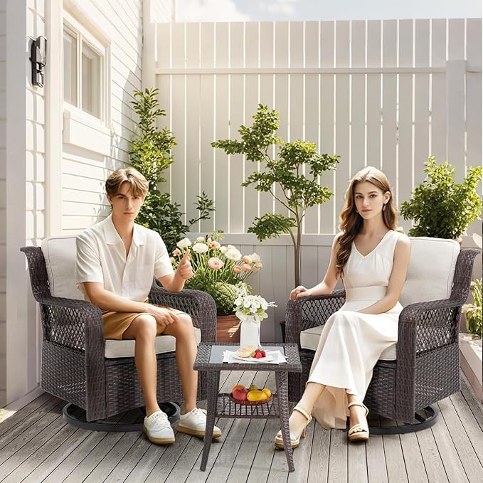 3 Pieces Patio Swivel Chairs, Wicker Patio Conversation Sets