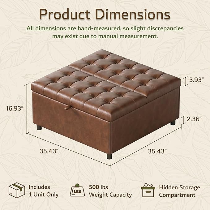 LINLUX Extra Large Leather Storage Ottoman, 35.5 Inch Large Square Lift Top