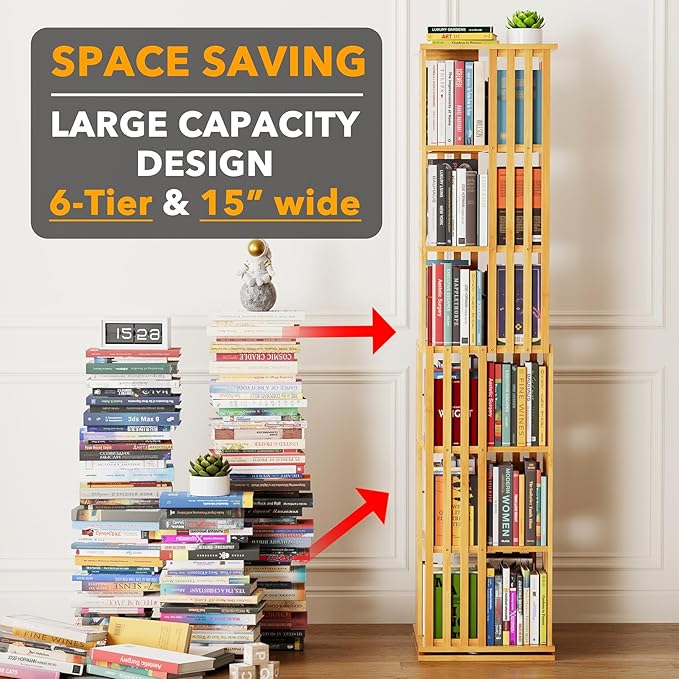 SpaceAid 6 Tier Rotating Bookshelf Tower, Bamboo Spinning Book Shelf, Revolving