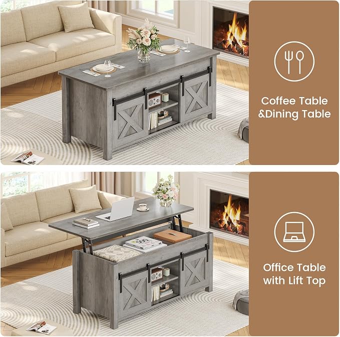 SEDETA Lift Top Coffee Table, Farmhouse Lift Tabletop Dining Table, Gas Spring, Hidden Compartment, Open Storage Shelf, for Living Room, Grey