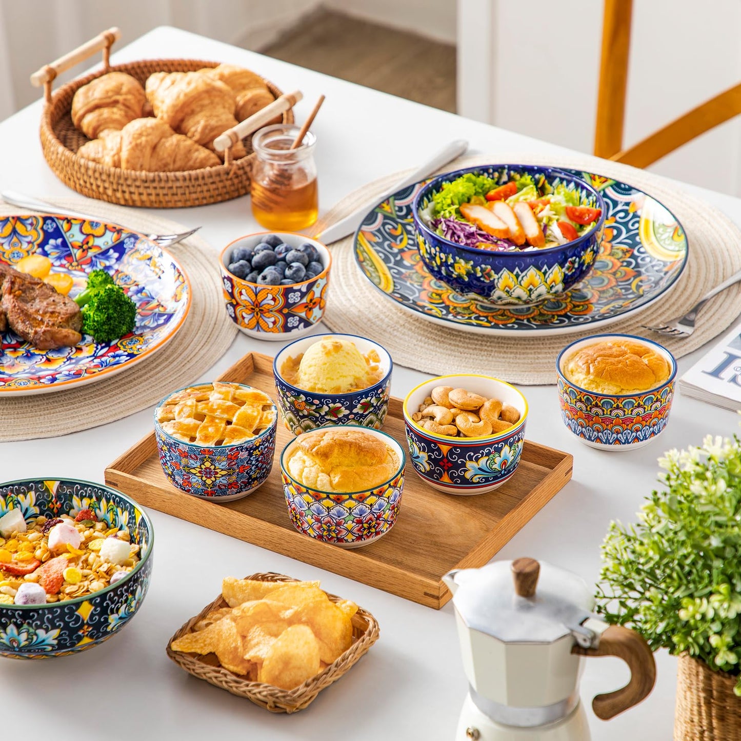 vancasso 6 Oz Ramekins Oven Safe Set of 6, Bohemian Creme Brulee Ramekins, Colorful Souffle Dishes, Pudding Custard Cups for Baking, Small Ceramic Bowls for Dipping Sauce, Ice Cream