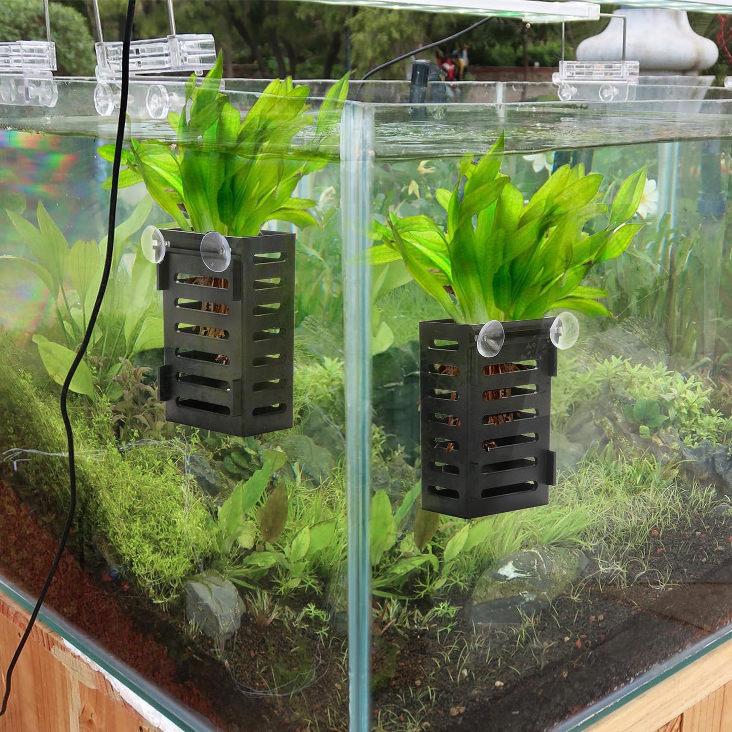Lawei 8 Pack Hanging Aquarium Plant Holder, Plastic Aquatic Plant Pot with 48 Hooks and 16 Suction Cups, Planter Cups for Aquarium Decorations Accessories Fish Tank Live Plants