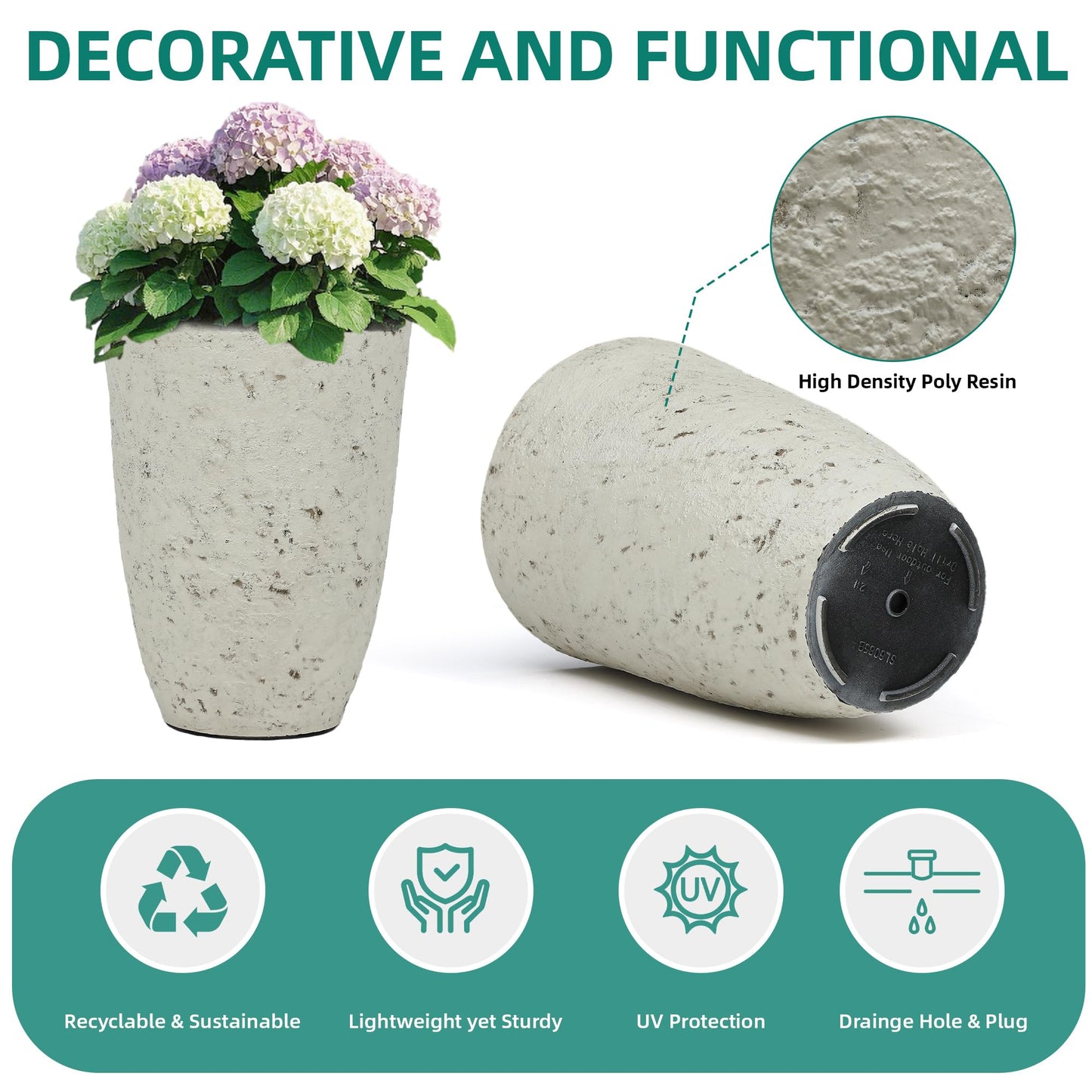 Autodaya 19.5" Resin Tall Planters for Outdoor Plants, Set of 2 Country White Large Flower Pots with Handmade Birch Bark Texture, Heavy-Duty and Weather-Resistant for Year Round Indoor Outdoor use