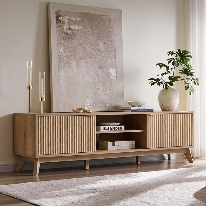 OKD 70" Mid Century Modern Fluted TV Stand, Entertainment Center, Media Console