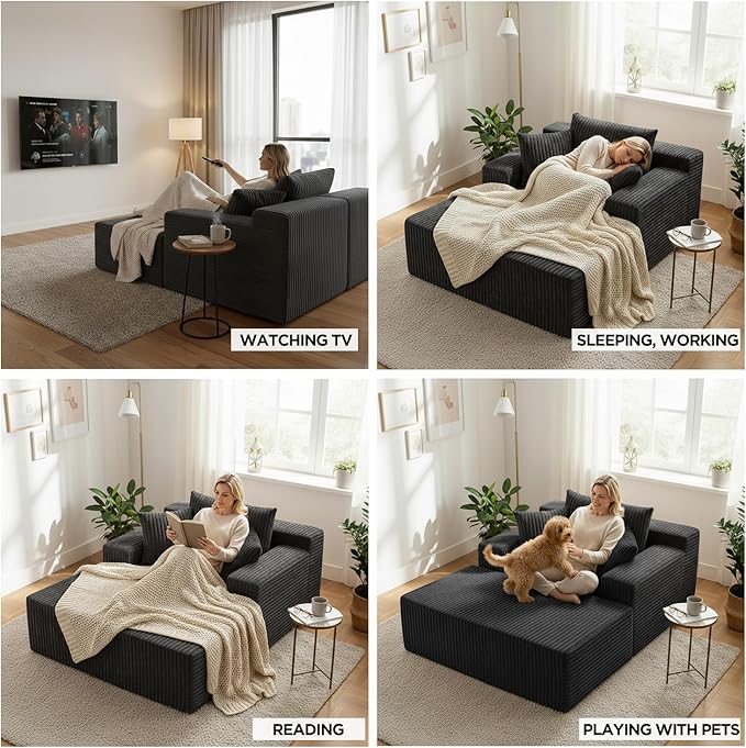 Sytopia Chaise Lounge with Armrests, Oversized Sofa Bed with 3 Pillows