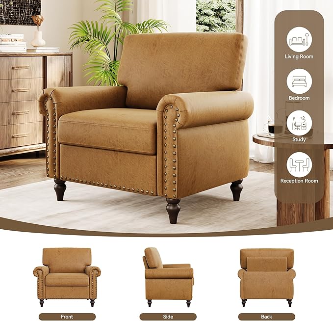 Nailhead Trim Accent Chair, Faux Leahter Mid Century Modern Living Room Arm