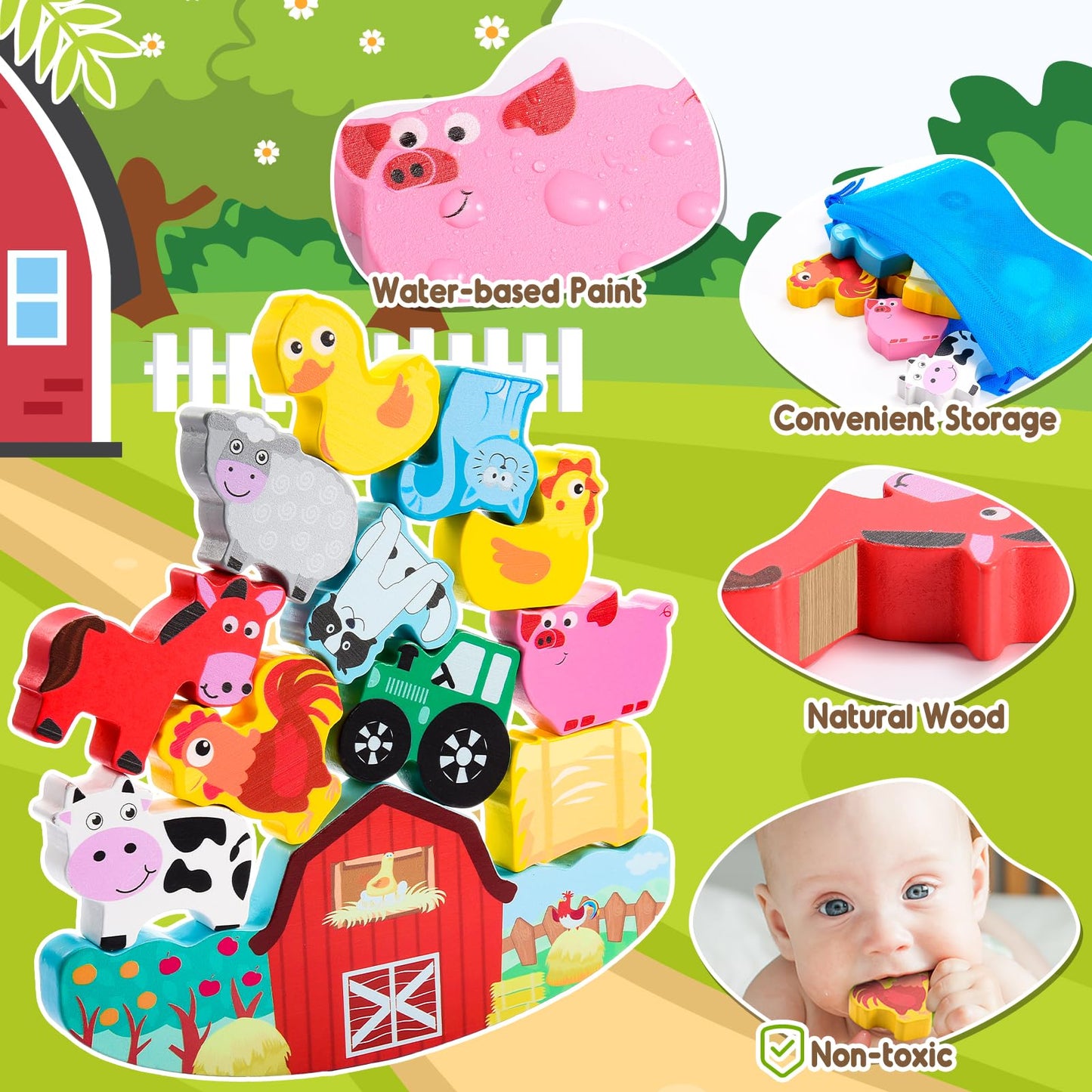 IPOURUP Montessori Toys for Kids 3-7 Wooden Farm Animal Blocks Stacking Games Educational Toy for 3 4 5 6 Year Old Girls Boys Christmas Birthday Gifts for Grandkids Toddler Balance Game Girls Age 3-5