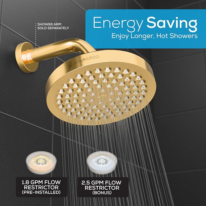 SparkPod Rain Shower Head, 6 Inch Round | High Pressure Shower Heads, 90 Nozzle (Touch-to-Clean), Adjustable Showerhead, No-tool Universal Connection