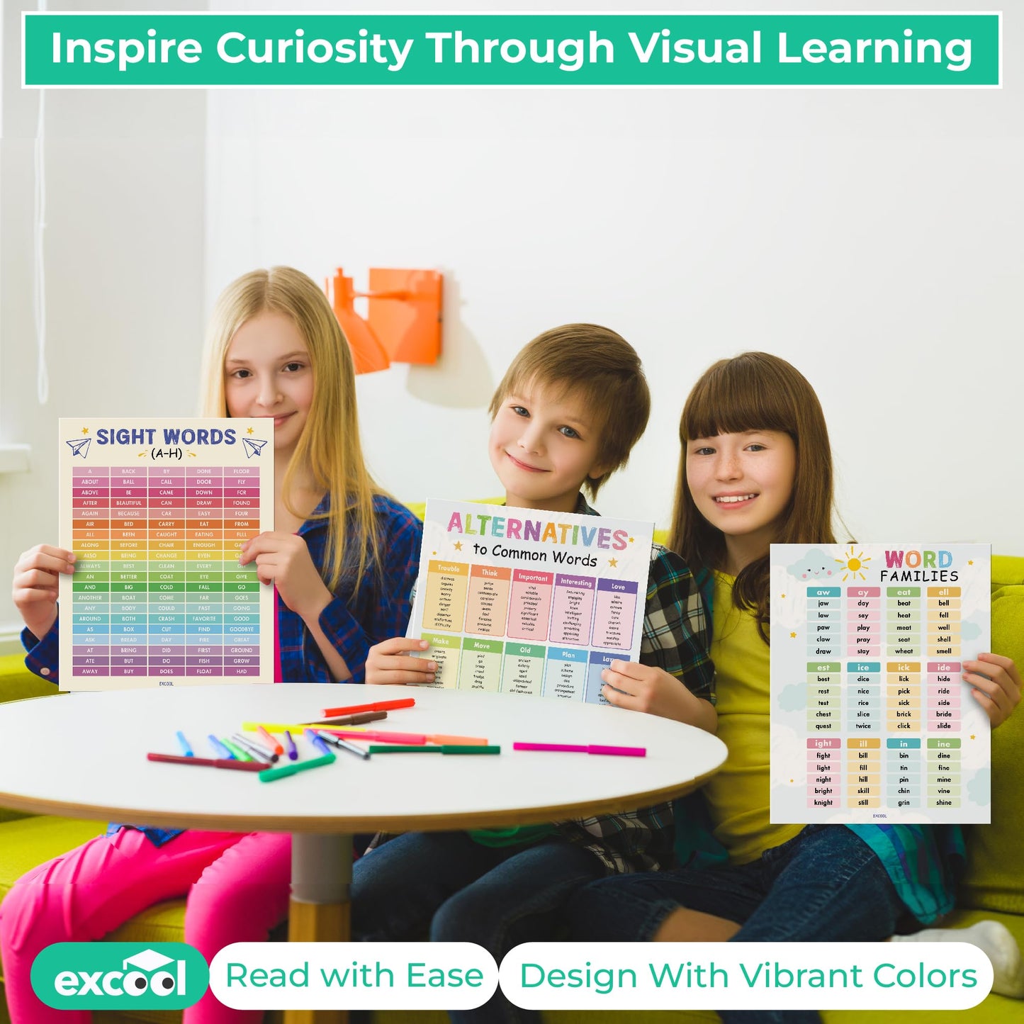 EXCOOL CLUB 12 Preschool Sight Words Poster - 11x14 Word Families Chart Educational Posters For Kindergarten Classroom Must Haves, Laminated Learning Posters For Toddlers, Homeschool, Playroom Decor