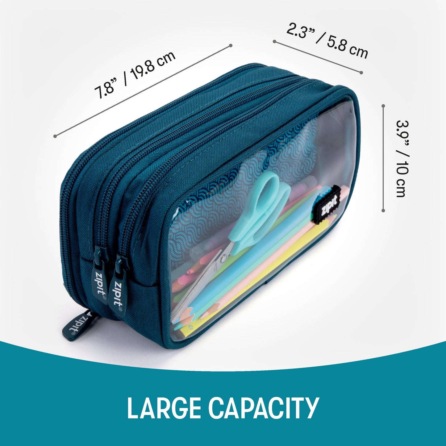 ZIPIT Half & Half Pencil Case, 3 Compartment Zipper Pouch for School, Stationery Bag for Teen Girls Boys and Adults, Teal