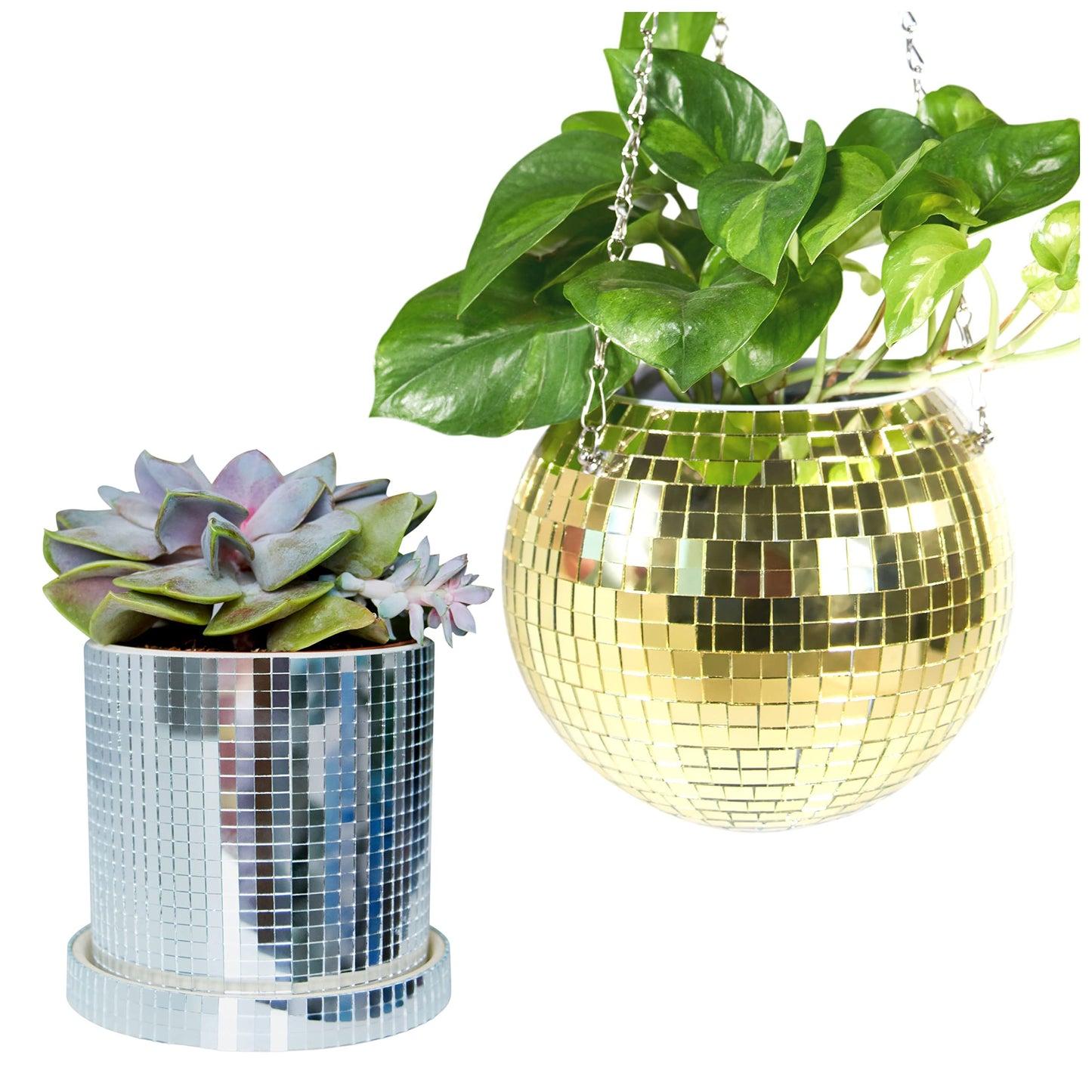 SCANDINORDICA Disco Ball Planter 8" Gold with Chain and Macrame Hanger and Disco Ball Planter Pot 4.3" with Saucer (0.2x0.2 mirror tiles)
