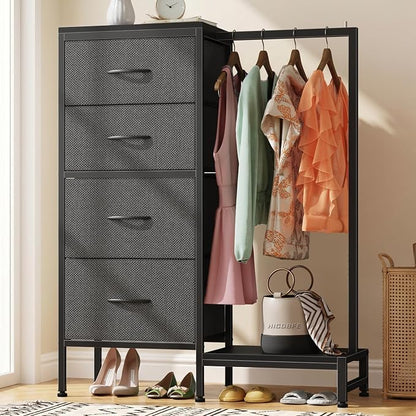 HIGDBFE Dresser with Hanging Rack, 4 Drawers Small Closet for Bedroom, Reversible Fabric Kids Chest of Drawers with Clothes Rack, Tall Storage Tower, Sturdy Frame, Grey, 44''H