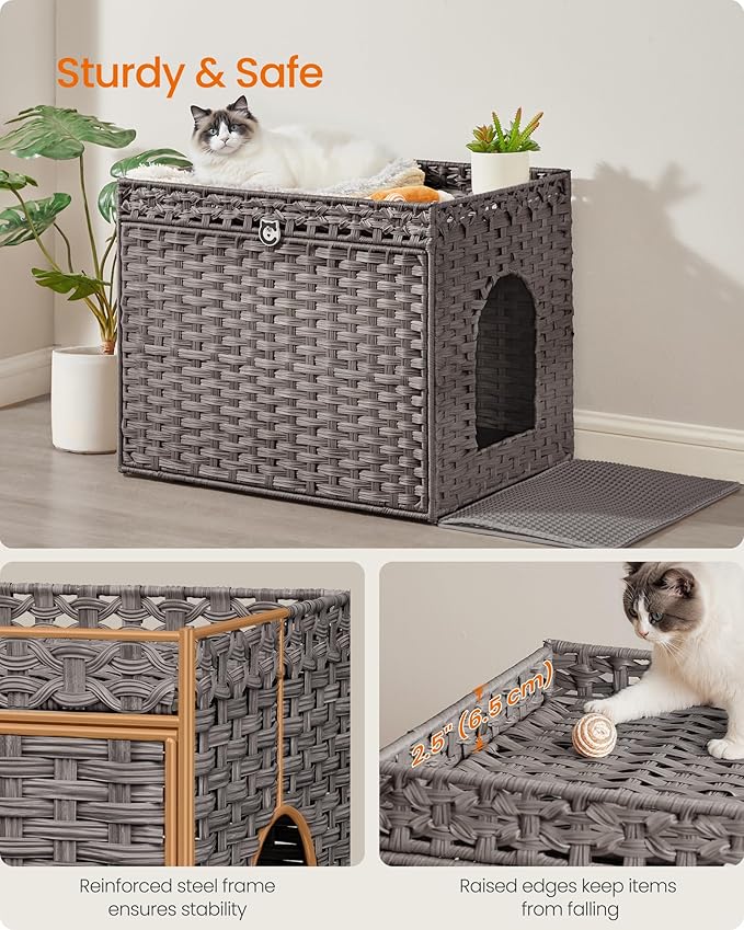 Feandrea Cat Litter Box Enclosure, Handwoven Rattan Hidden Litter Box Furniture