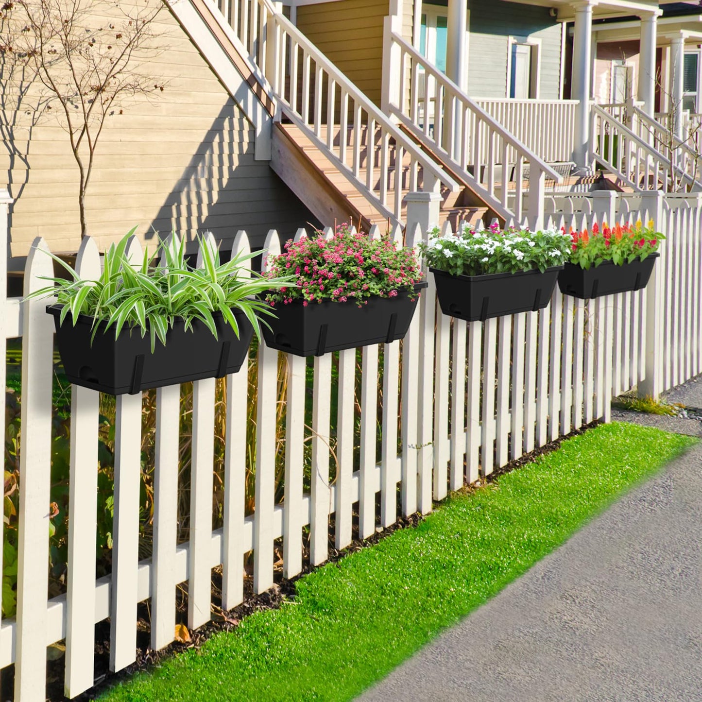 CADUKE 6 PCS Railing Planter Boxes, Black Planter Boxes with Adjustable Bracket, 17 Inch Deck Rail Planters for Outdoor Plants, Flower Pots for Balcony Garden Decor
