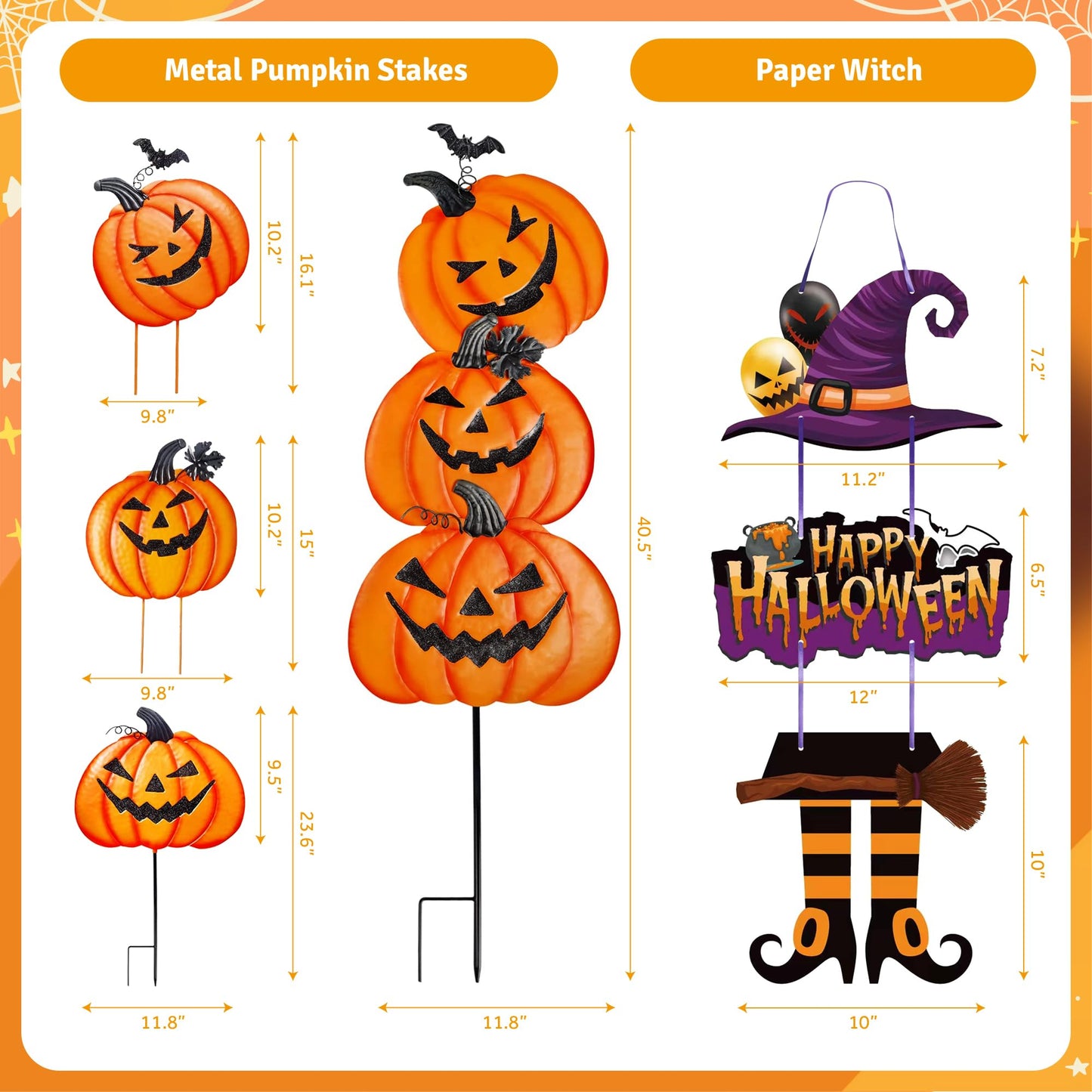 CAMATET Halloween Metal Pumpkin Yard Stakes, Stackable Pumpkin Signs Garden Stake with Witch Door Hanging, Outdoor Halloween Decorations for Lawn Party (Set of 3, Style B)