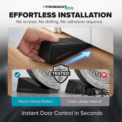STRONGEST HOME Stoppers for Bottom of Door – Heavy Duty Metal Rubber Door Stopper, Non-Slip Door Stop for Heavy Doors, Works on Wood, Tile & Carpet Floors Wedge Black 4 PCs + 4 White Wall Protectors