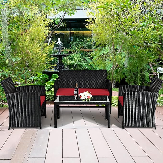 Tangkula Patio Wicker Conversation Furniture Set, Patiojoy Sofa & Table Set w/4
