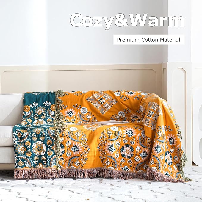 LUTBM Boho Throw Blanket for Bed 100% Cotton Soft Lightweight Quilt Reversible