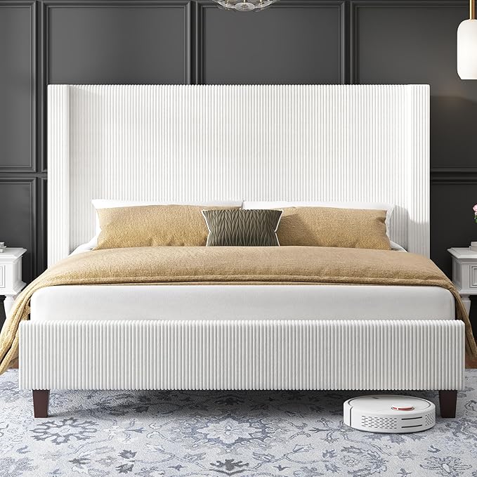 HOWE Queen Size Bed Frame with 50.8" Tall Wingback Headboard, Modern Corduroy