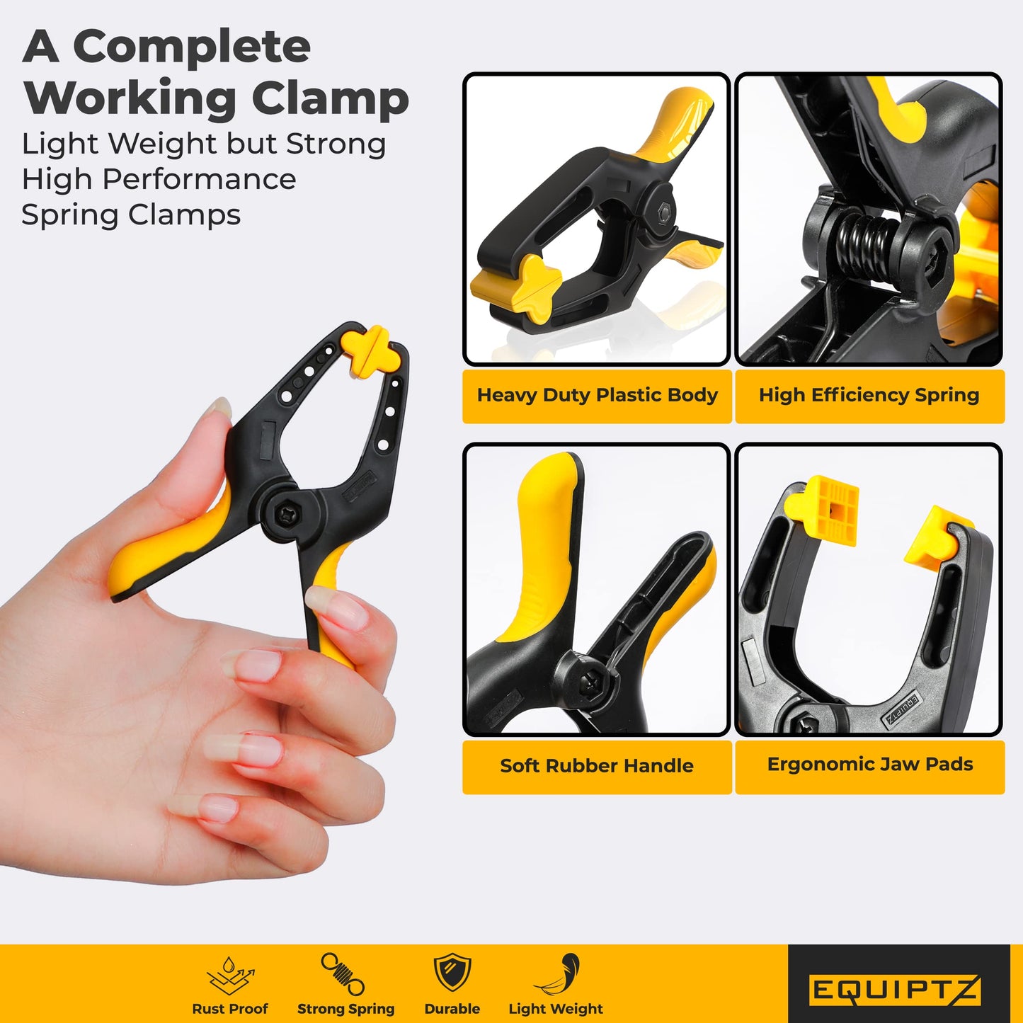 EQUIPTZ Spring Clamps 4 inch - 10 Pack Plastic Clamps for Pool Cover, Balloon Archs, Tarps & Backdrop with 2 inch Mouth Opening - Rust Free Large Clips Heavy Duty Outdoor with Non-Detachable Jaw Pads