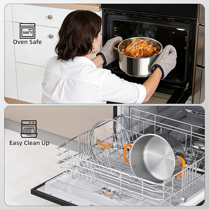 Ciwete Stainless Steel Stock Pot, 5.2 Quart Soup Pot with Lid, Heavy-Duty Thick Bottom Induction Cooking Pot for Pasta, Stew & Simmering, Even Heating, Compatible with All Cooktops, Dishwasher Safe