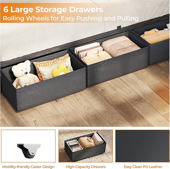 OURPIC Queen Bed Frame, 2-Tier Storage Headboard & 6 Fabric Drawers, PU Leather