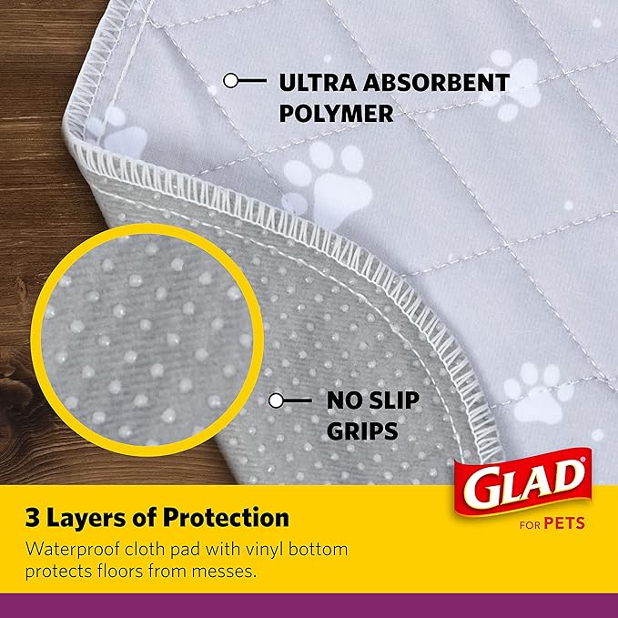 Glad for Pets Washable Dog Pee Pads, Medium, 24 x 36 Inch, 2 Count, Gray with Paw Prints, 3-Layer Leak Protection, No-Slip Vinyl Bottom, Reusable Puppy Training Pads