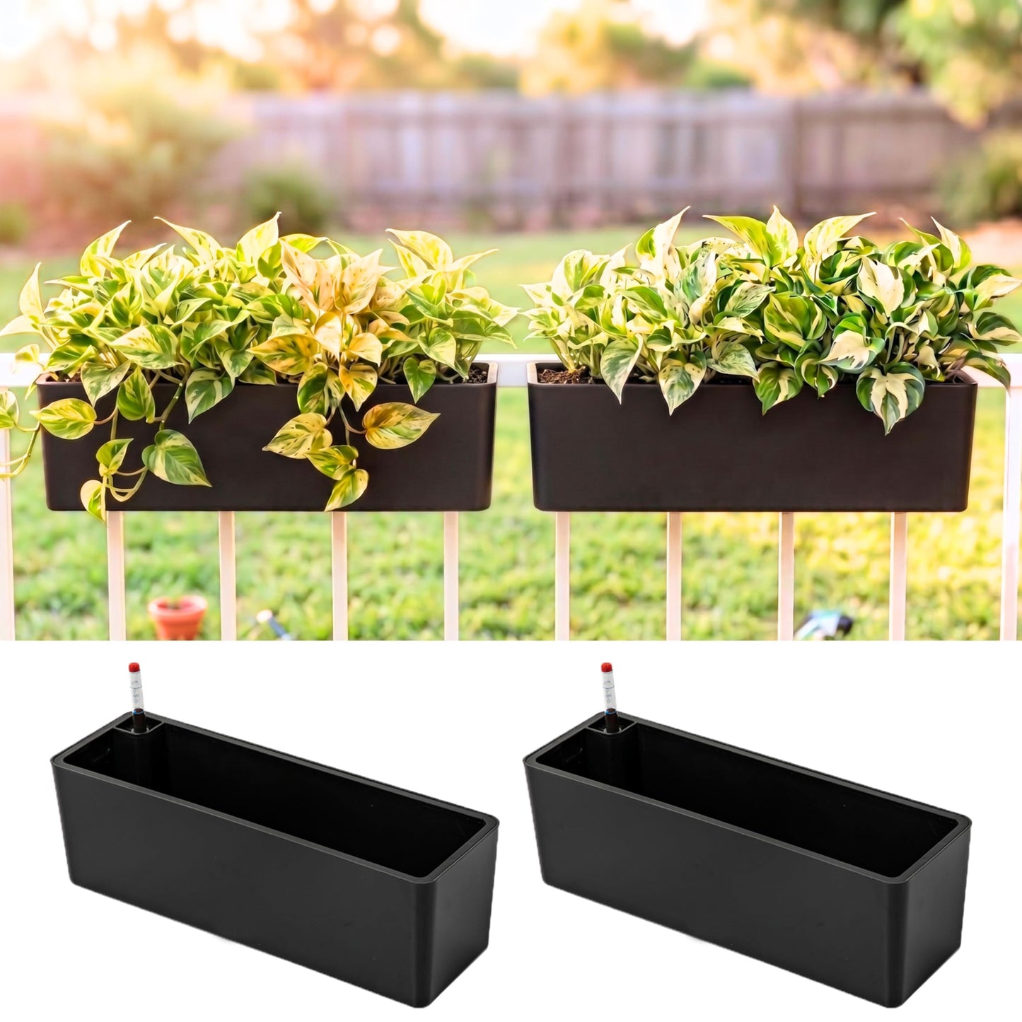 LaLaGreen Railing Planter Boxes (16 Inch, 2 Pack) Black Rectangular Plastic Window Box Planters with Self-Watering System Metal Brackets, Outdoor Plants Herbs Flowers Deck Balcony Fence Garden Decor