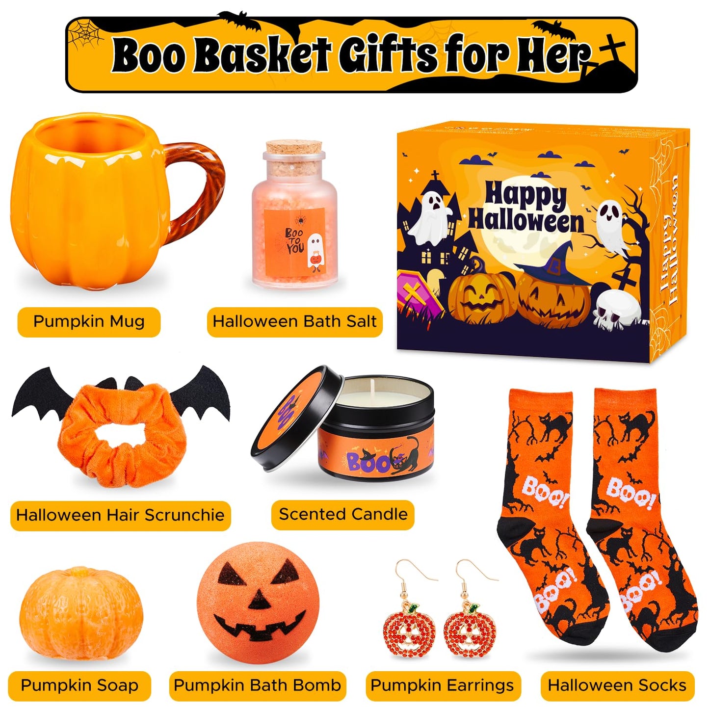 Larchio Boo Basket Stuffers for Women Teen Girls, Halloween Gifts for Teens Adult with Pumpkin Mug Halloween Socks and Self Spa Gift for Family Friends