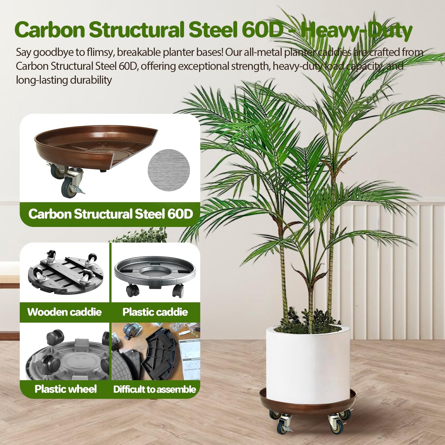 Plant Stand Rolling Plant Caddy With Wheels, 17 inch Plant Saucer With 360° Lockable Wheels, 440 LB Capacity Metal Rolling Plant Cart for Heavy Duty Planter, Rustproof Plant Dolly for Outdoor/Indoor