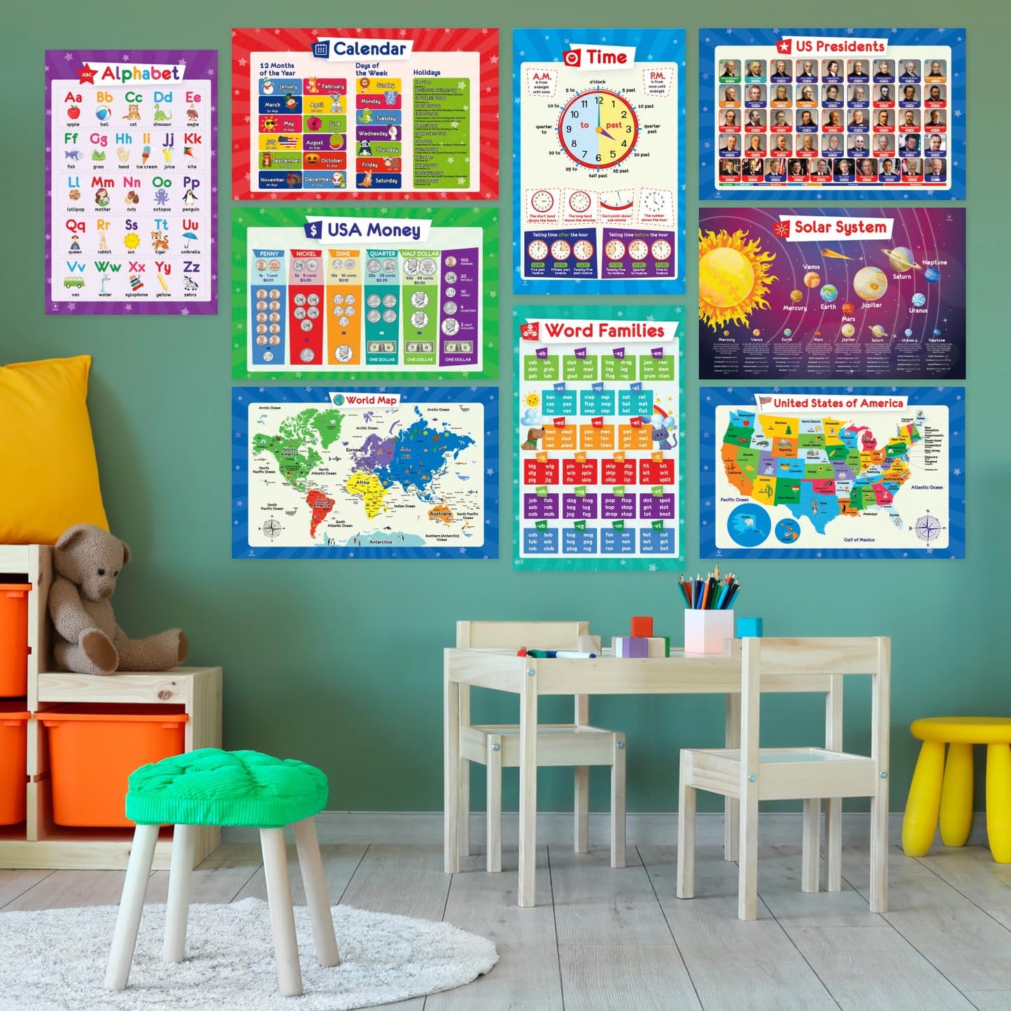 32 Set of 59 Educational Posters for Kids - 17x11, Multiplication Chart, ABC, World, USA Map, Periodic Table, Division, Homeschool Supplies - 17x11