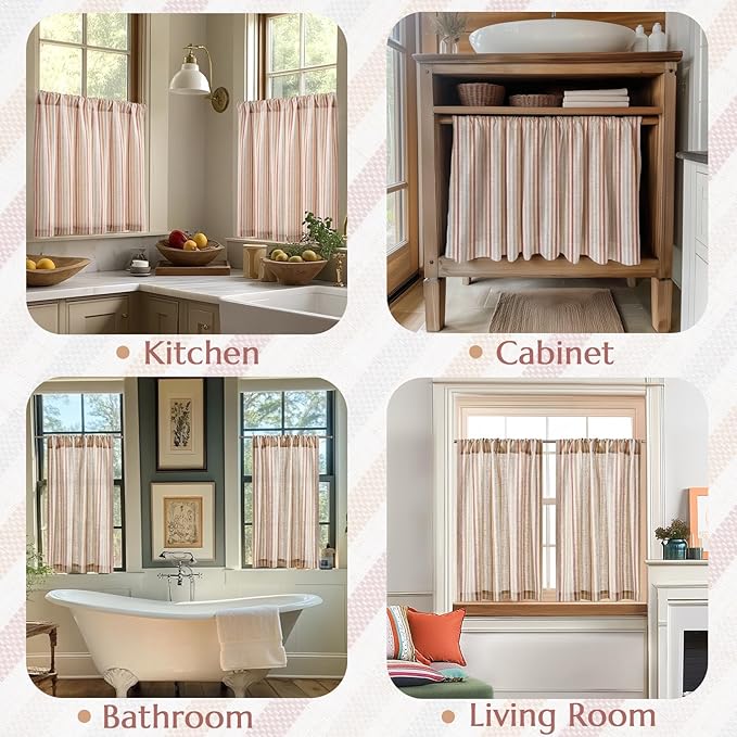 jinchan Colorful Striped Linen Kitchen Curtains 24 Inch Christmas Tier Curtains Farmhouse Modern Cafe Small Window Treatments Light Filtering Rod Pocket for Living Room Bathroom 2 Panels Multi Red