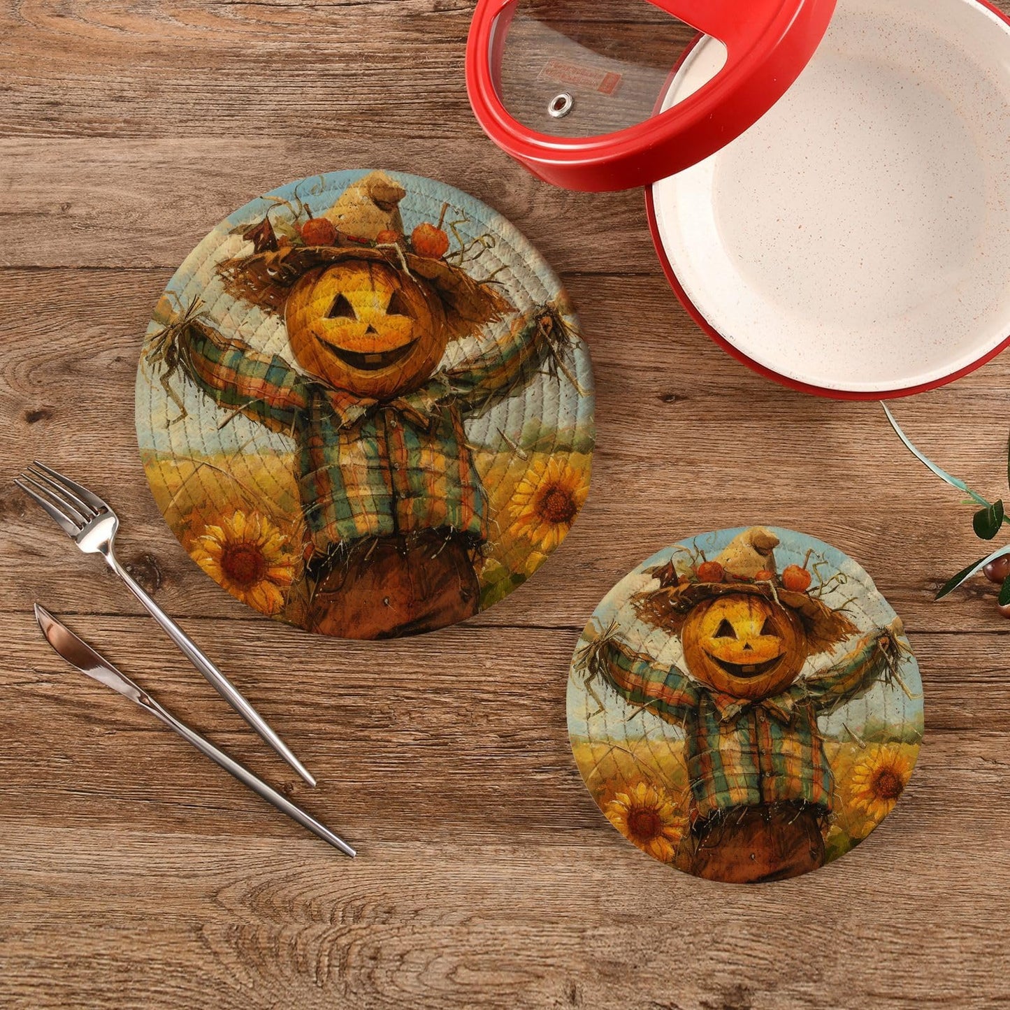 Peystean Kitchen Set of 2 Potholders Trivets, Funny Pumpkin Scarecrow Sunflower Field Woven Hot Pot Coasters Placemats for Cooking Baking Hot Dish Pan Pot Bowl Teapot(7&9 Inches Diameter)
