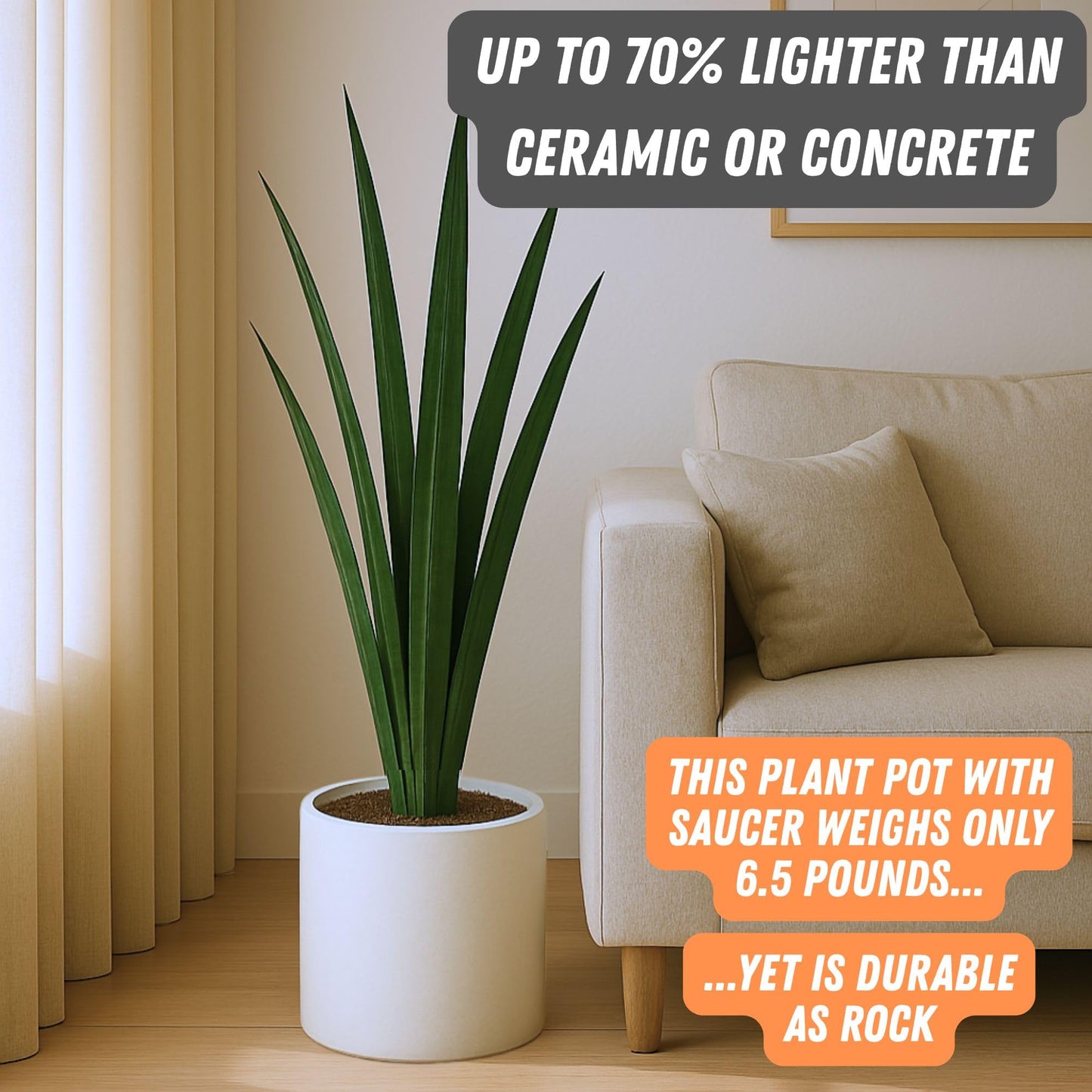 Fox & Fern 10 Inch Plant Pot with Hidden Saucer — Premium Lightweight Fiberstone Matte White Self Watering Planter with Seamless Saucer - Indoor & Outdoor Use - Weather Resistant & UV Resistant