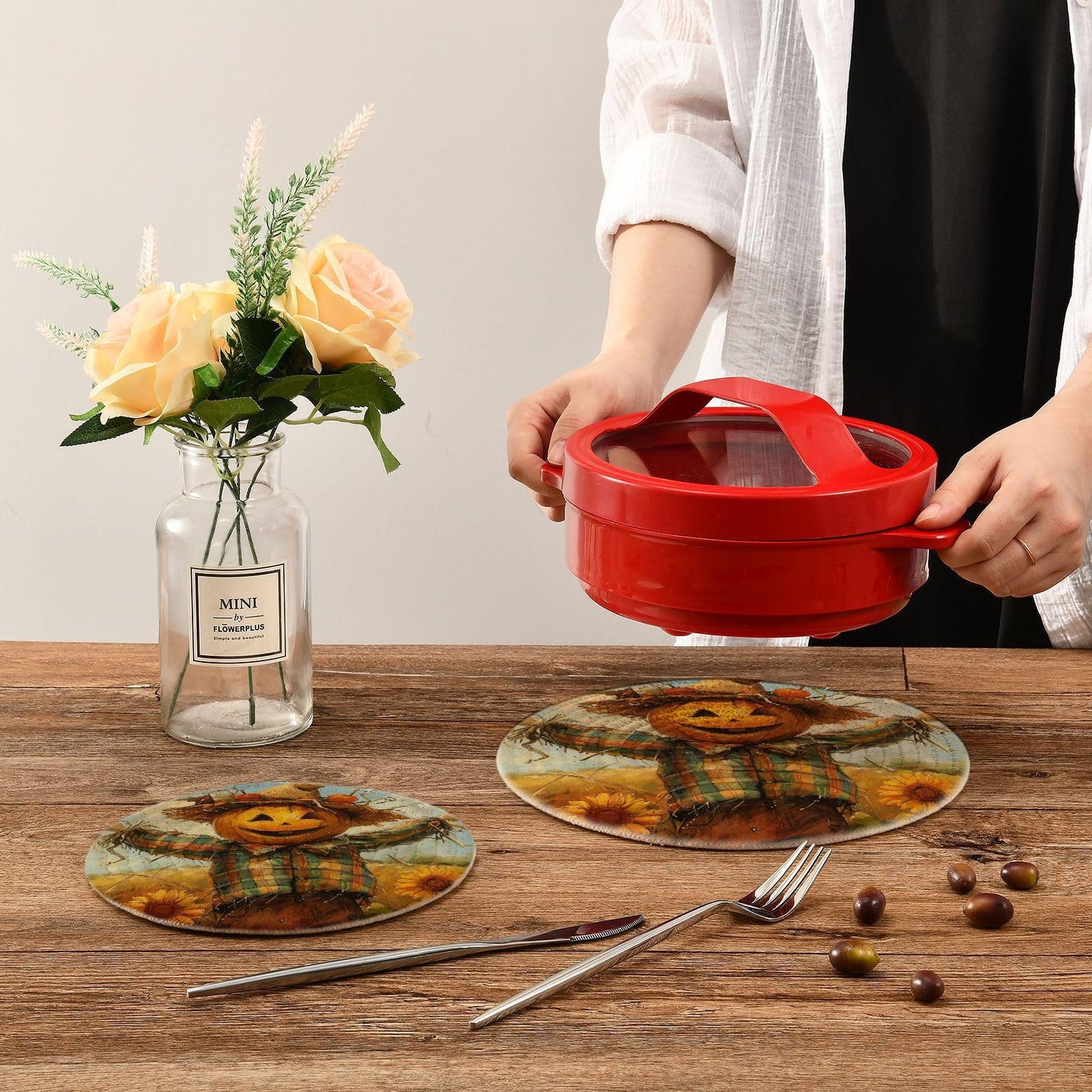 Peystean Kitchen Set of 2 Potholders Trivets, Funny Pumpkin Scarecrow Sunflower Field Woven Hot Pot Coasters Placemats for Cooking Baking Hot Dish Pan Pot Bowl Teapot(7&9 Inches Diameter)