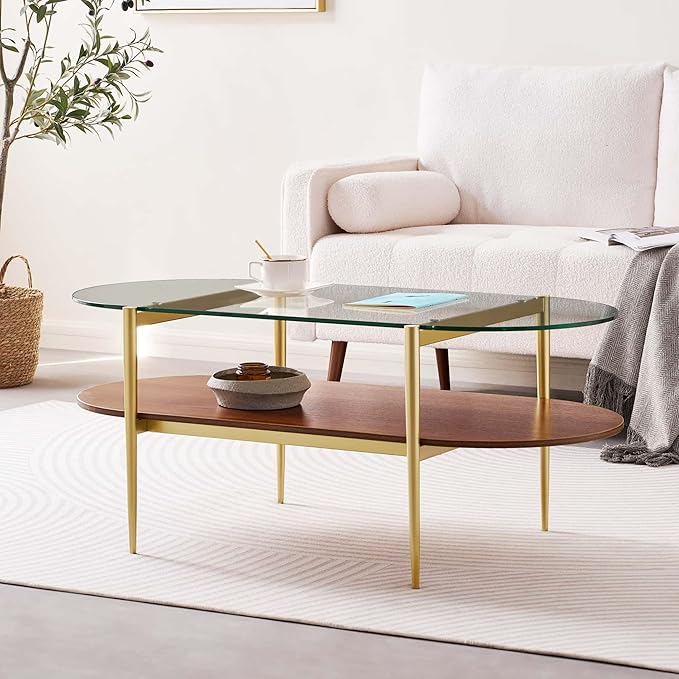 LumFurn Oval Glass Coffee Table, Mid-Century Modern Design, L41 x W21 x H17 inch