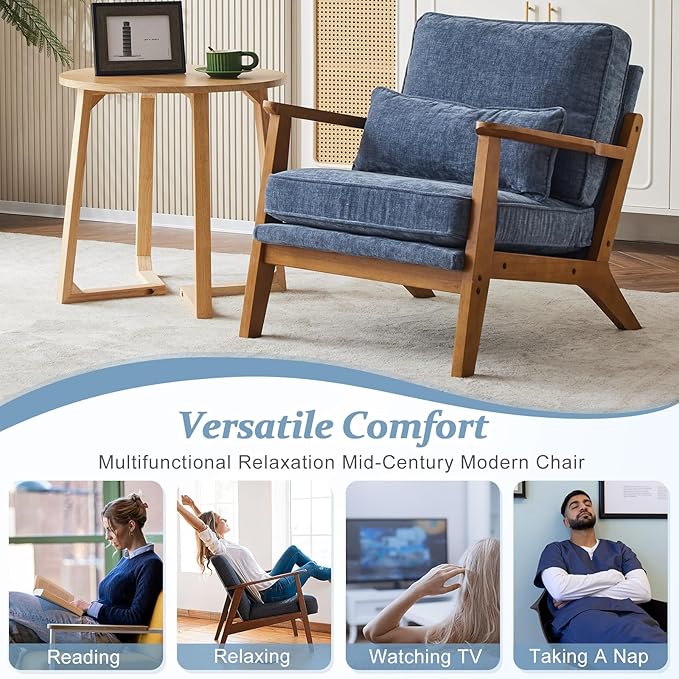 VINGLI Solid Wood Wide Armrests Accent Chair, Upholstered Mid Century Modern