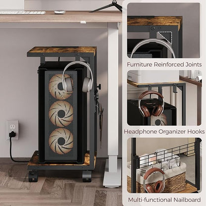 PC Stand with Charging Station, Height Adjustable Computer Tower Stand, 19.7"-31.5" H, Computer Cart with Wheels and Hooks, CPU Holder for Floor, Carpet and Under Desk, Rustic Brown