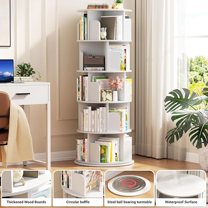 Aheaplus Rotating Bookshelf, 360 Display Wood Spinning Bookshelf Tower