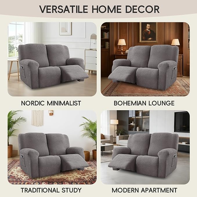 Recliner Loveseat Covers, 4-Piece Stretch Geometric Strokes Jacquard Reclining