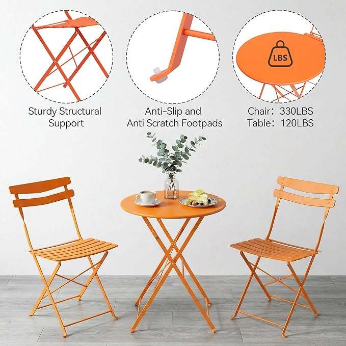 GarveeLife 3 Piece Patio Bistro Set, Folding Patio Bistro Table and Chairs Set
