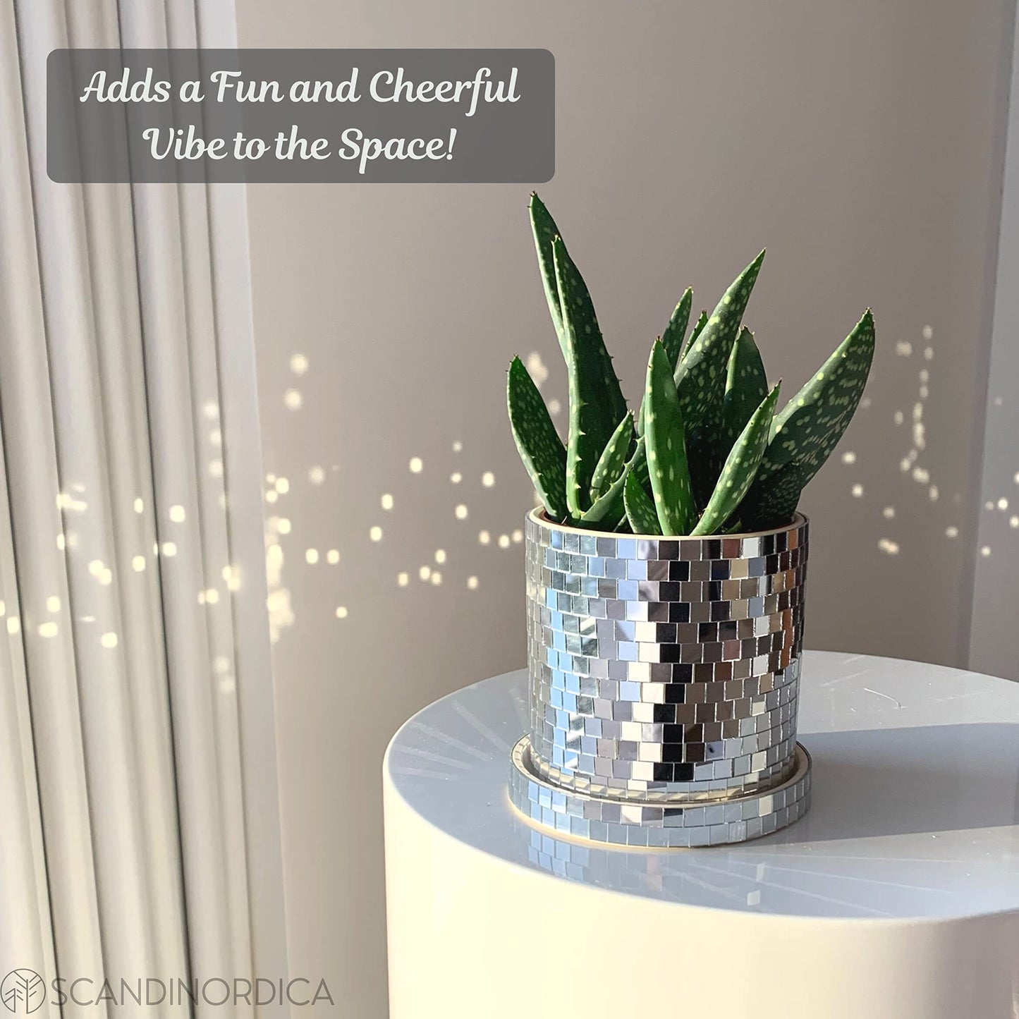 SCANDINORDICA Disco Ball Planter 6" Silver with Chain and Macrame Hanger and Disco Ball Planter Pot 4.3" with Saucer (0.3x0.3 mirror tiles)