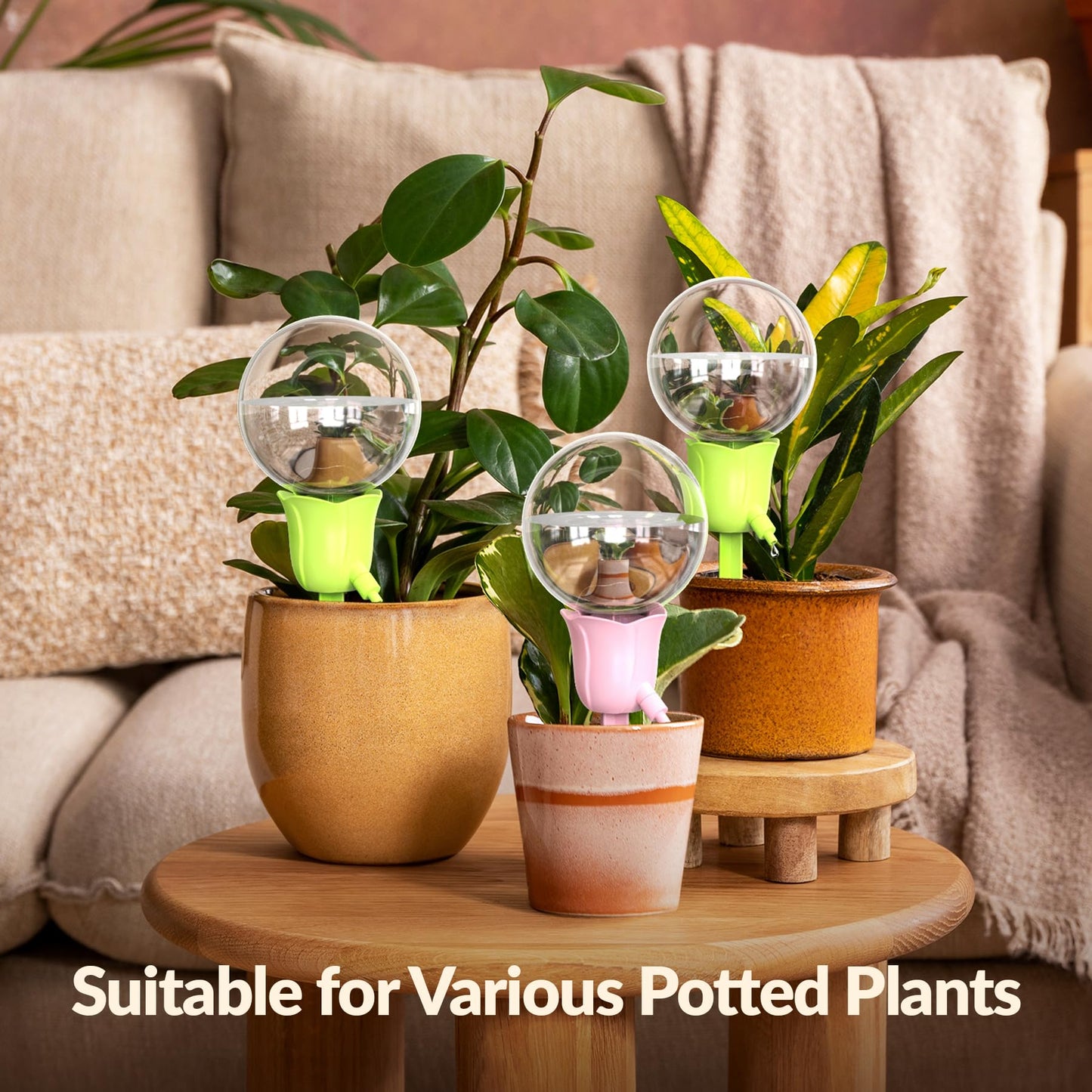 NiHome 2PCS Self-Watering Globes for Indoor & Outdoor Plants, Adjustable Flow Automatic Drip Irrigation Bulbs w/Tulip Stakes for Potted Plants, Succulents, Hanging Baskets, Gardens (Pink + Green)