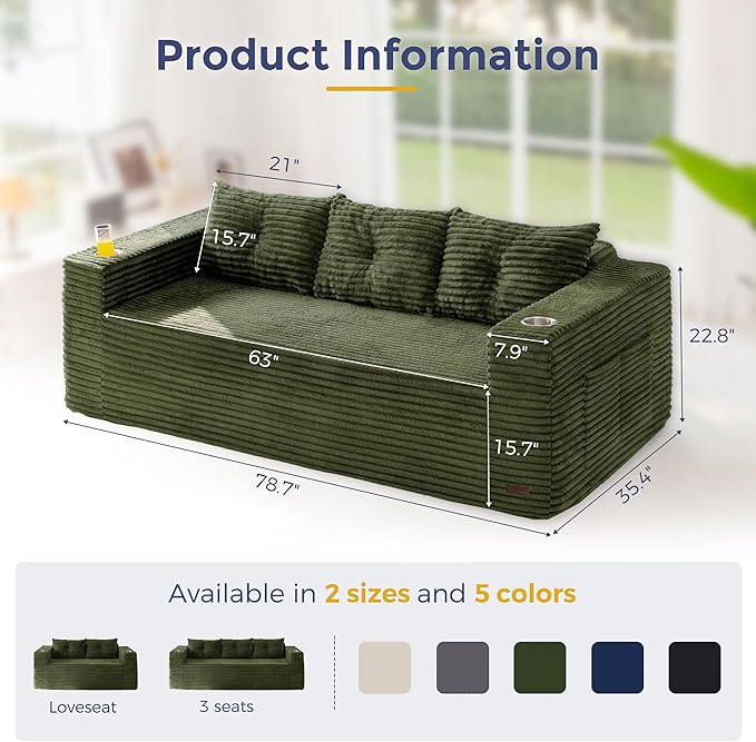 MAXYOYO 79" Oversized Boneless Loveseat Sofa Couch