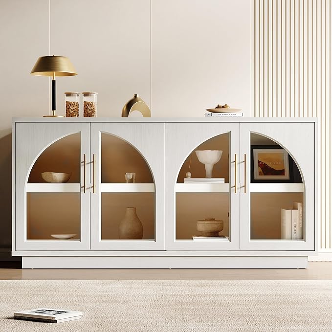 Fatmok 59" Buffet Cabinet with Glass Doors, Modern Arched Sideboard with Large